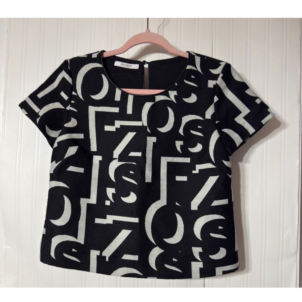 Sfizio‎ Made in Italy Black White Geometric Alphabet Print Wool Blend Top XS 2